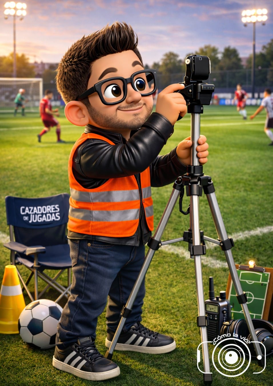 Un Cazador de Jugadas de Comolavio ajustando su cámara al borde de la cancha