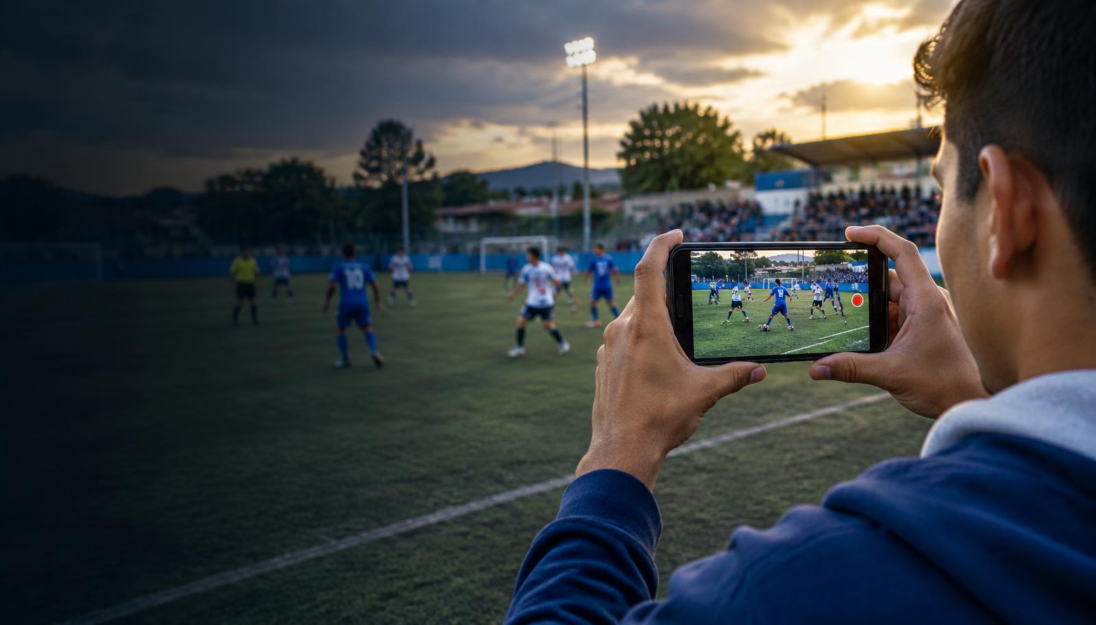 Aficionado grabando un partido de fútbol con su celular en posición horizontal